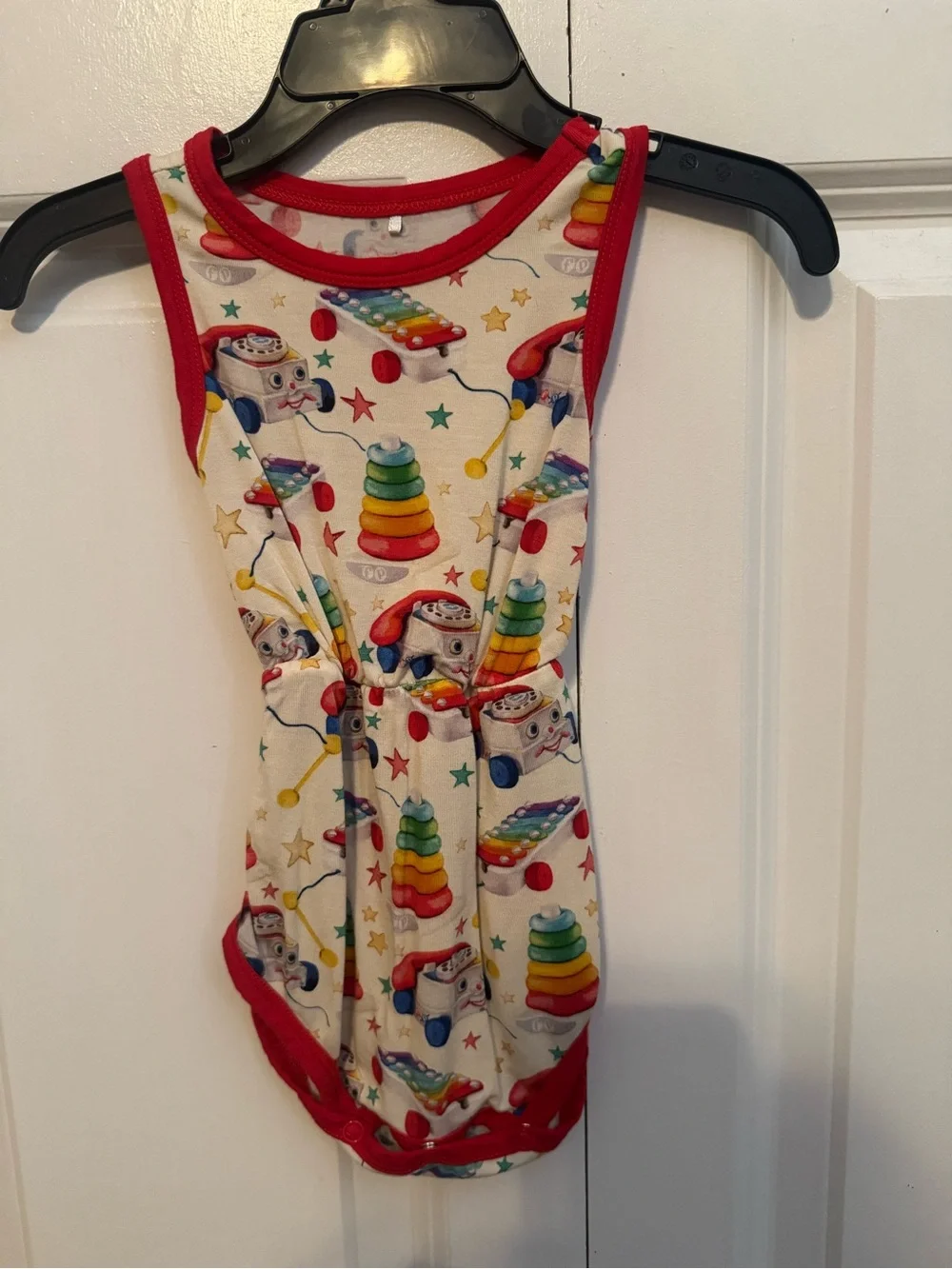 Posh Peanut Fisher-Price White Romper with Red Trim and Multicolor Toy Print